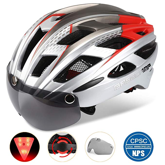 Basecamp Bike Helmet, Light Weight Bicycle Helmet CPSC Certified Specialized Cycling Helmet with Removable Visor& Safety Light& Adjustable Liner for Men&Women